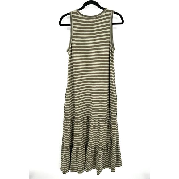 PACT Green Striped 100% Organic Cotton Tiered Boho Sleeveless Midi Dress Medium - Picture 3 of 8